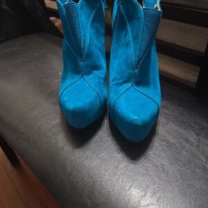 Turquoise Blue Suede Platform Ankle Boots - Women's Stylish Heels